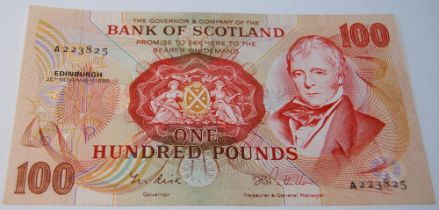 Bank of Scotland uncirculated £100 banknote from the Walter Scott series, 133-5, issued November 26,