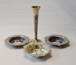 Three silver bon-bon dishes (124g) and a specimen vase.  (4)