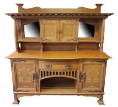 In the Manner of Shapland & Petter of Barnstaple Arts & Crafts inlaid oak sideboard, the top section