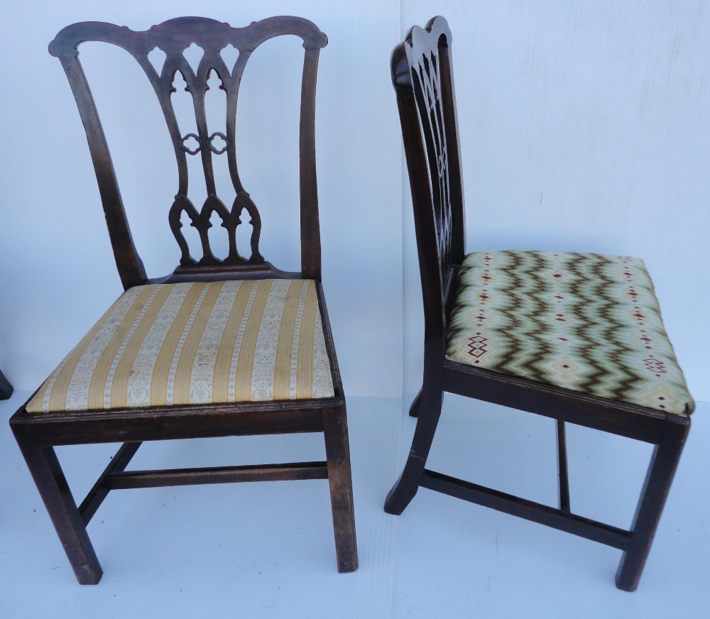 Set of four Georgian mahogany dining chairs with pierced splats, fabric-covered slip-in seats, on - Image 8 of 11