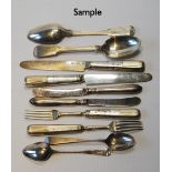 Nineteen silver tea and dessert spoons (360g), dessert knives and forks (216g gross) and various