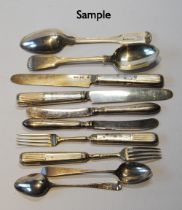 Nineteen silver tea and dessert spoons (360g), dessert knives and forks (216g gross) and various