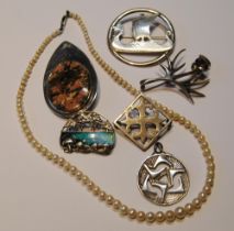Cultured pearl graduated necklet on white gold snap, five silver brooches and a pendant, various.