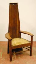 Arts & Crafts-style oak hall chair after a design by Charles Rennie Mackintosh, with high tapered