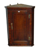 18th century George III oak corner cupboard, the hinged door enclosing later painted shelving, brass