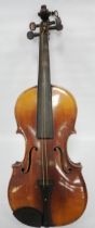 Antique two-piece violin and bow, stamped Tourte to the bow, the ebony frog piece inlaid with mother