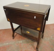 Late Victorian mahogany Sutherland table, inlaid with satinwood paterae and similar spandrels,