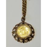 Gold sovereign, 1966, in detachable 9ct gold pendant, on similar necklet, 44.4g.