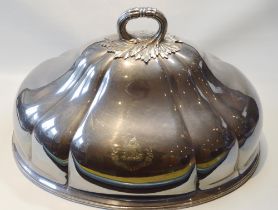 Old Sheffield meat dish cover, crested, inset silver plaques, c. 1820.