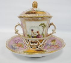 Augustus Rex porcelain chocolate cup and cover on stand, probably for Meissen, the arched cover