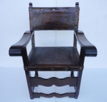 Spanish walnut and elm armchair in the 17th century style, with Cordoban-style leather back rest and