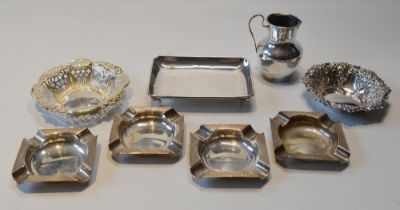 French silver small cream ewer, 'Bapaume', c. 1920, four silver ashtrays and three silver dishes,