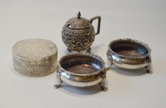 Pair of silver circular salts of Georgian style, a Persian circular box and an Indian globular