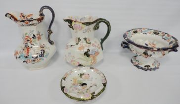 Group of Masons Patent Ironstone china comprising a toilet jug with matching soap bowl, decorated