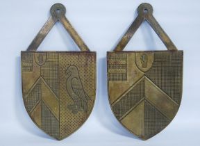 Pair of ship's bulkhead bronzed plaques with triangular strap mount above pennant-shaped plaque,