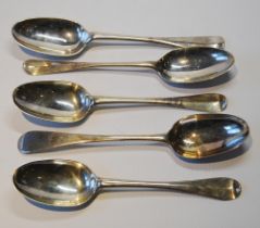 Pair of silver tablespoons, Edinburgh 1730, and three others, 328g.  (5)