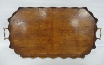Victorian walnut crossbanded serving tray, the centre with oyster veneered inlay, with wavy edge and