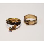 Victorian serpent mourning ring with turquoise drop and another, of buckle form, both size K.  (2)