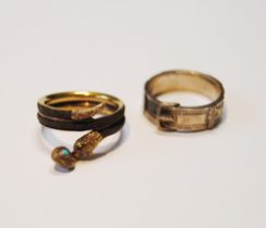Victorian serpent mourning ring with turquoise drop and another, of buckle form, both size K.  (2)