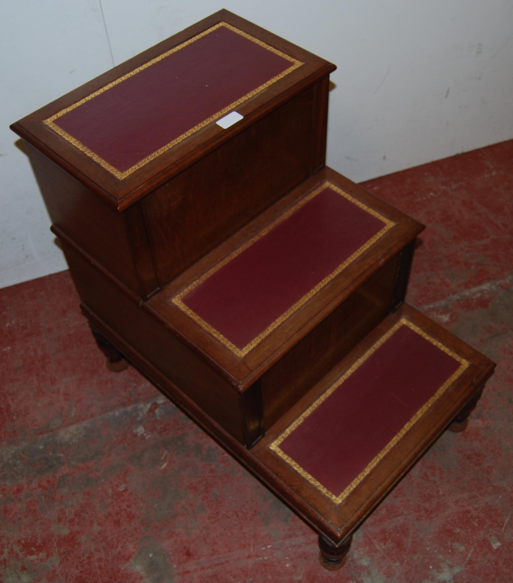 Set of Victorian mahogany library steps with later tooled insets to each step, on turned feet, - Image 2 of 3