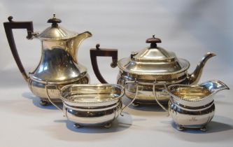 Silver four-piece tea set, oval, fluted, with gadrooned edges, Birmingham 1913, 1,468g.