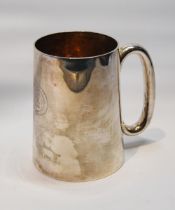 Silver pint mug of tapering shape, inscribed, with gilt interior, by Fordham and Faulkner, Sheffield