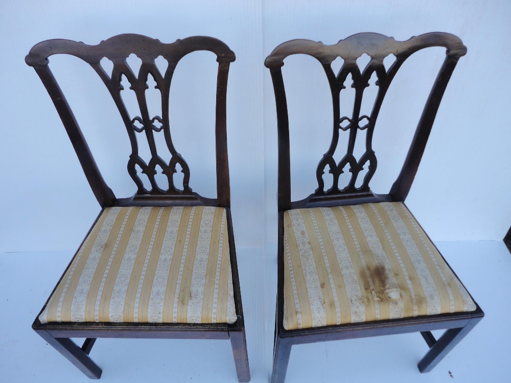 Set of four Georgian mahogany dining chairs with pierced splats, fabric-covered slip-in seats, on - Image 4 of 11