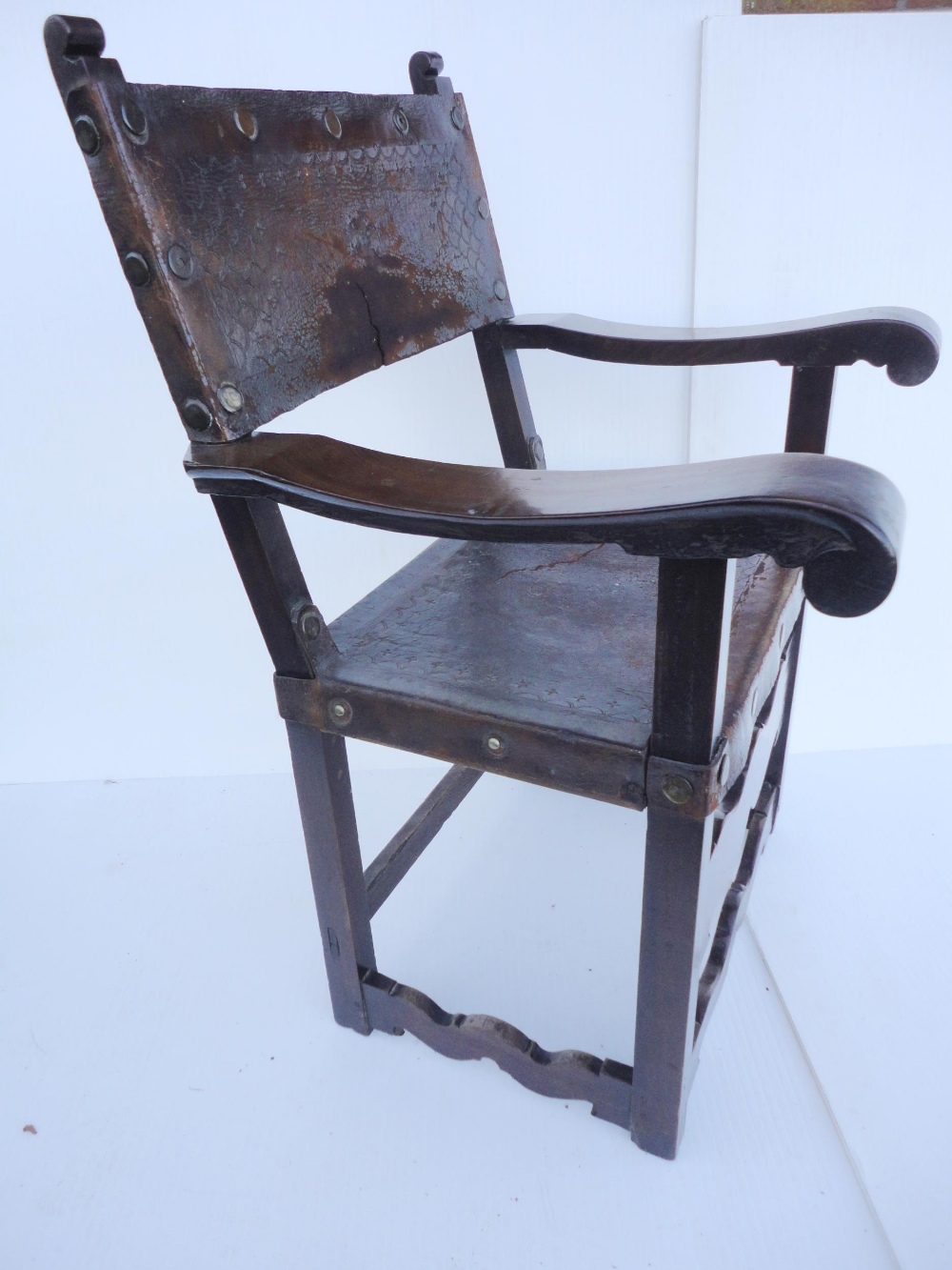 Spanish walnut and elm armchair in the 17th century style, with Cordoban-style leather back rest and - Image 6 of 7