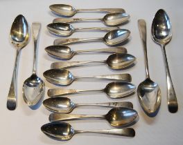 Four silver tablespoons and eleven dessert spoons, some Scottish, 544g.  (15)