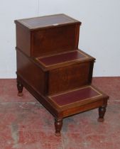 Set of Victorian mahogany library steps with later tooled insets to each step, on turned feet,