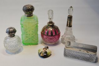 Green glass scent bottle with silver cap, c. 1890, and five other items, various.  (6)