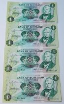 Four Bank of Scotland uncirculated £1 banknotes from the Walter Scott series, 129-6, issued December