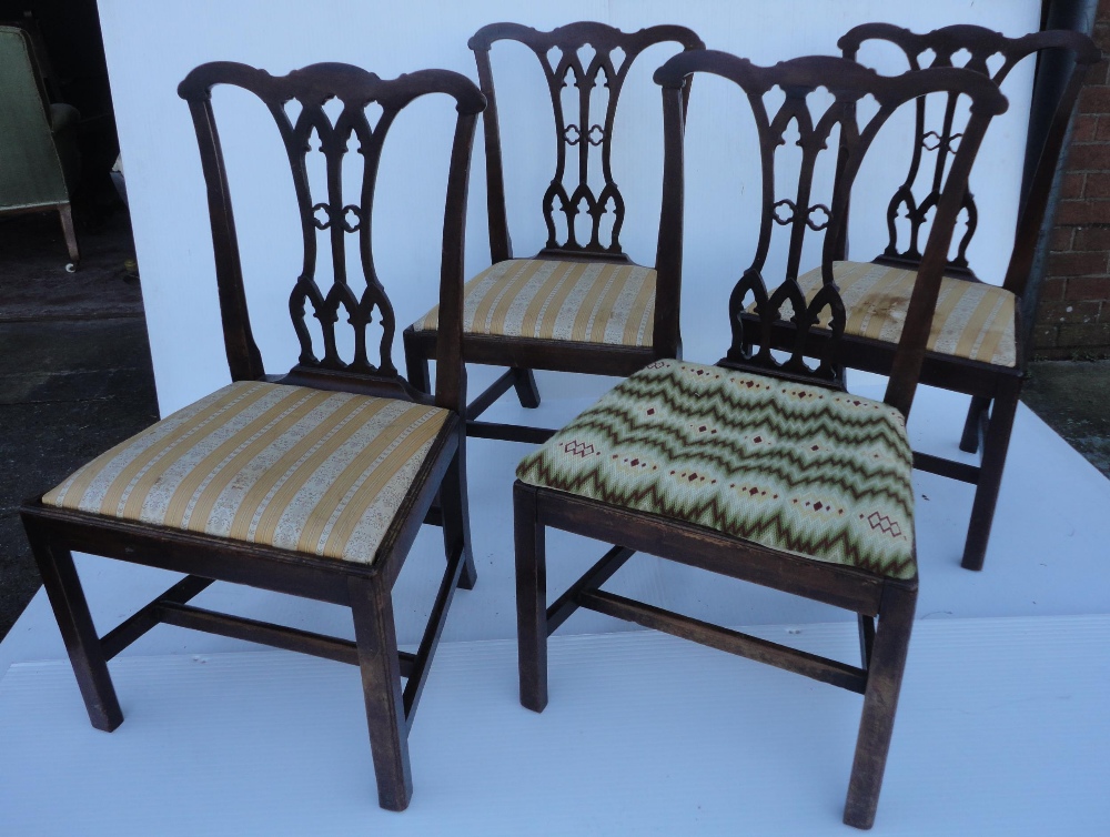 Set of four Georgian mahogany dining chairs with pierced splats, fabric-covered slip-in seats, on - Image 2 of 11