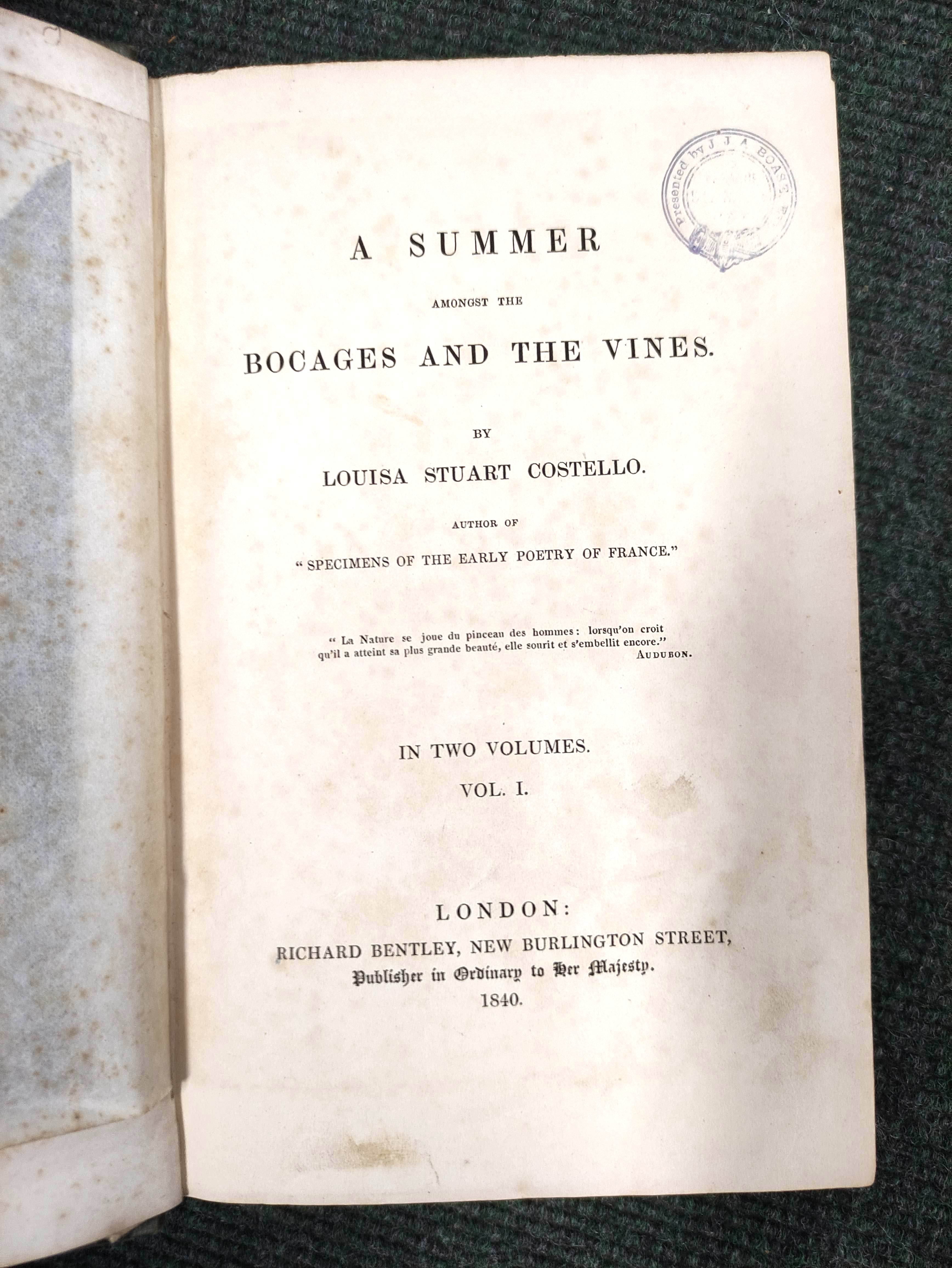 COSTELLO LOUISA S.  A Summer Amongst the Bocages & the Vines. 2 vols. Frontis & text illus. Orig. - Image 8 of 12