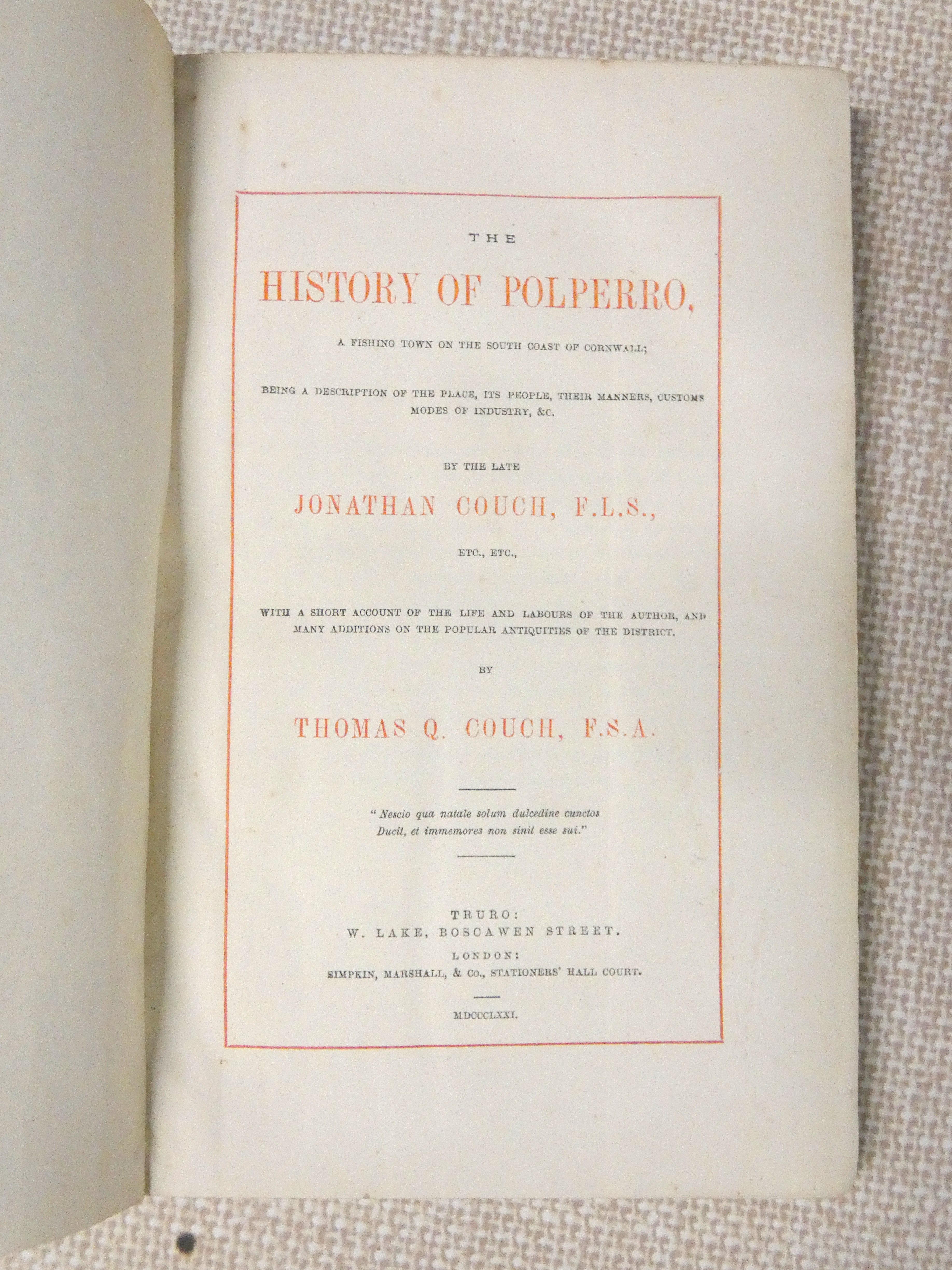 COUCH J. & T. Q.  The History of Polperro. Title in red & black. Fldg. frontis. Half calf. Truro, - Image 2 of 5