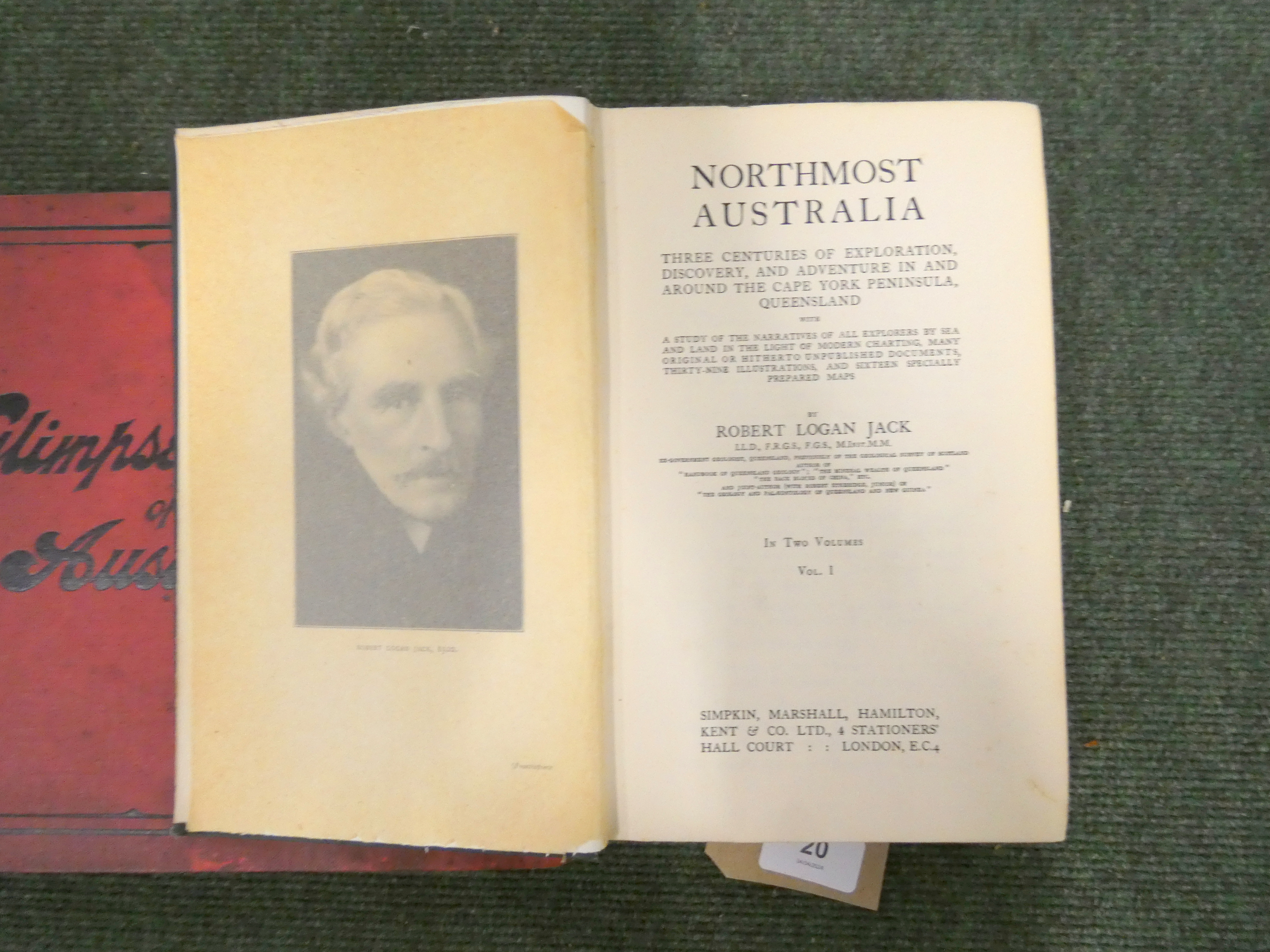 LOGAN JACK R.  Northmost Australia. Vol. 1 only. Frontis, illus. & maps in pocket. Orig. green - Image 5 of 6