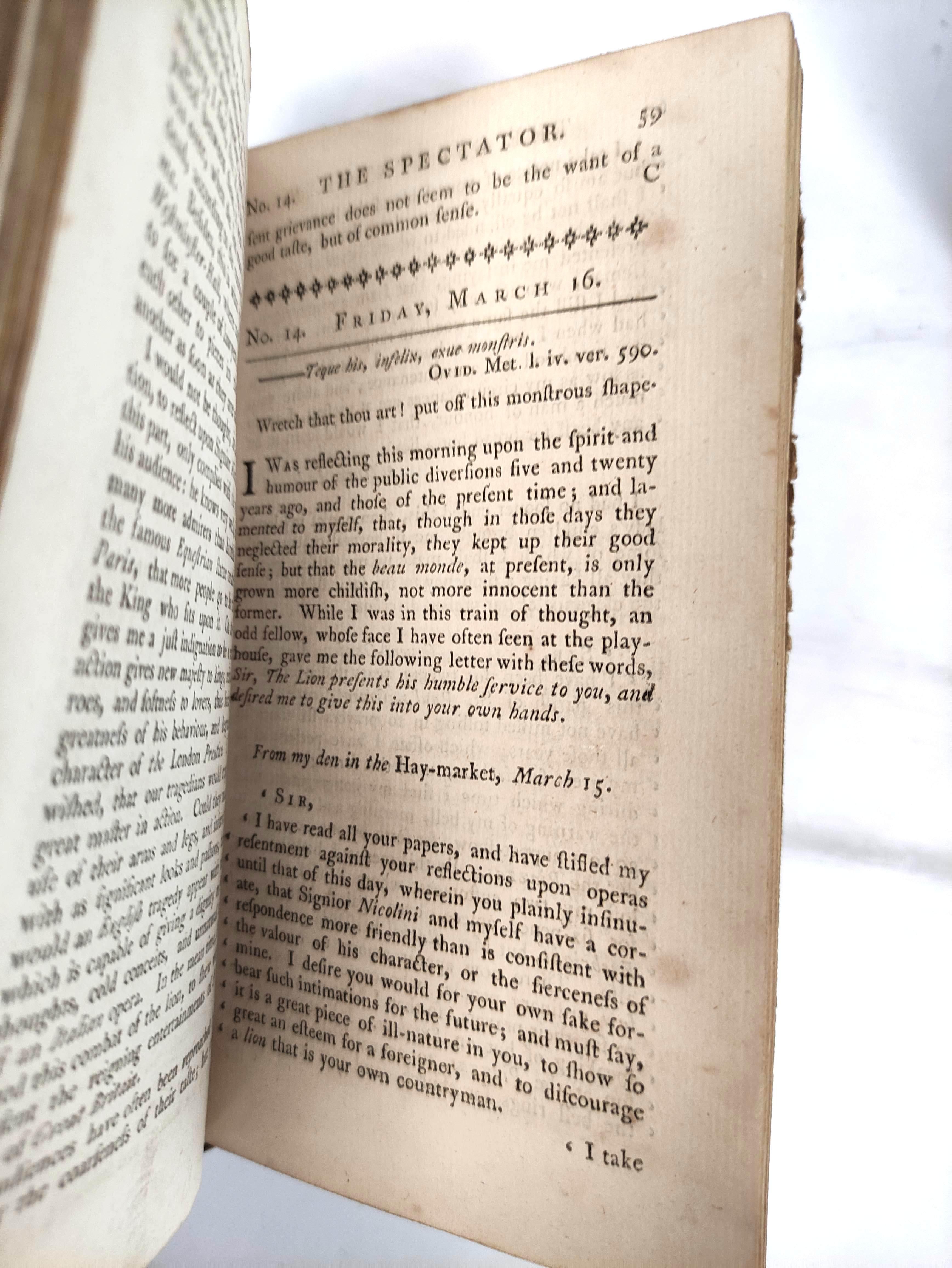 The Spectator.  8 vols. 12mo. Old calf, wear & rubbing. 1776; also The Lucubrations of Isaac - Image 6 of 6