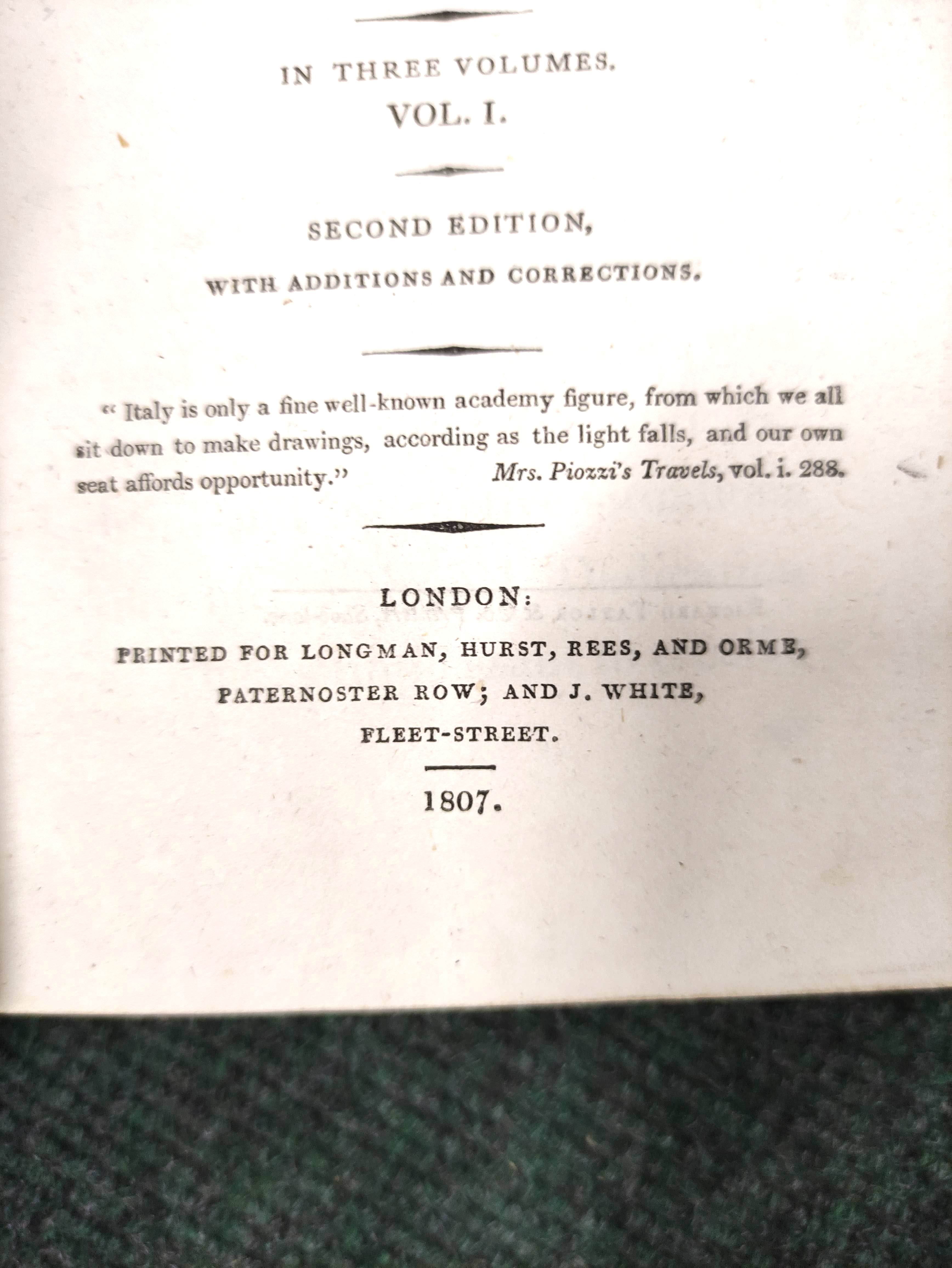 SMITH JAMES E.  A Sketch of a Tour on the Continent. 3 vols. Diced calf, recased with loss to back - Image 8 of 11