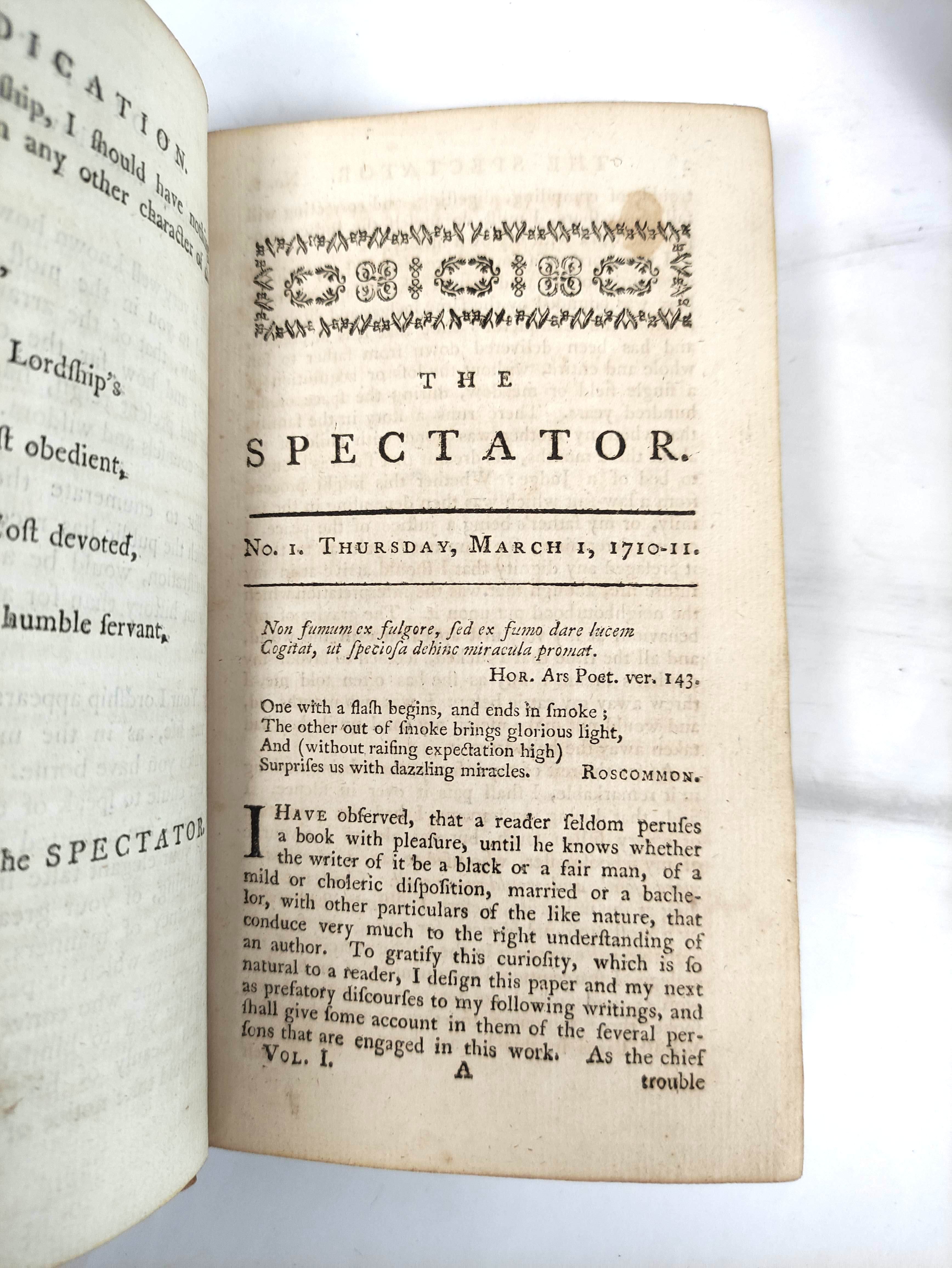 The Spectator.  8 vols. 12mo. Old calf, wear & rubbing. 1776; also The Lucubrations of Isaac - Image 5 of 6