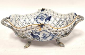 Meissen 19th century blue and white lattice work porcelain twin handled bowl, of boat shape with