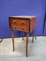 Early 19th century small drop leaf table with two real and two false drawers upon tapering ring