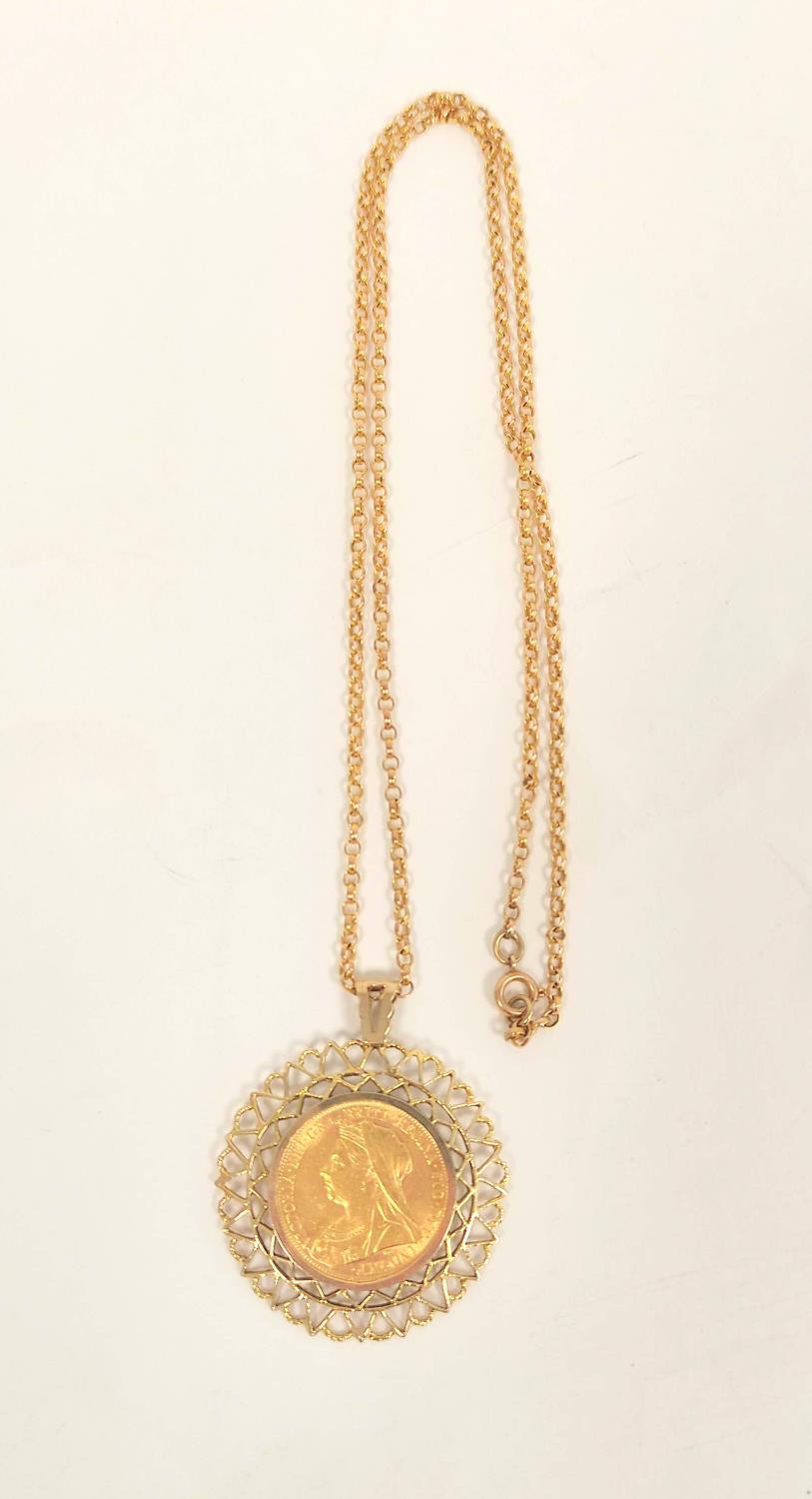 Sovereign 1899, 9ct. gold detachable pendant mount and necklet 54cm, gross 18g.