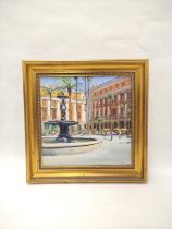 C. Pedros (Contemporary Spanish). A square in Barcelona. Oil on canvas. Signed. 29cm x 29cm.