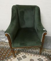 Late 19th century inlaid mahogany drawing room armchair upholstered in later green velour, on