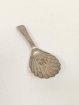 Silver caddy spoon, bright cut with scallop bowl, E. Morley 1800.