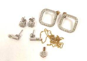 Pair of diamond cluster earrings, another pair and a pendant on trace necklet.