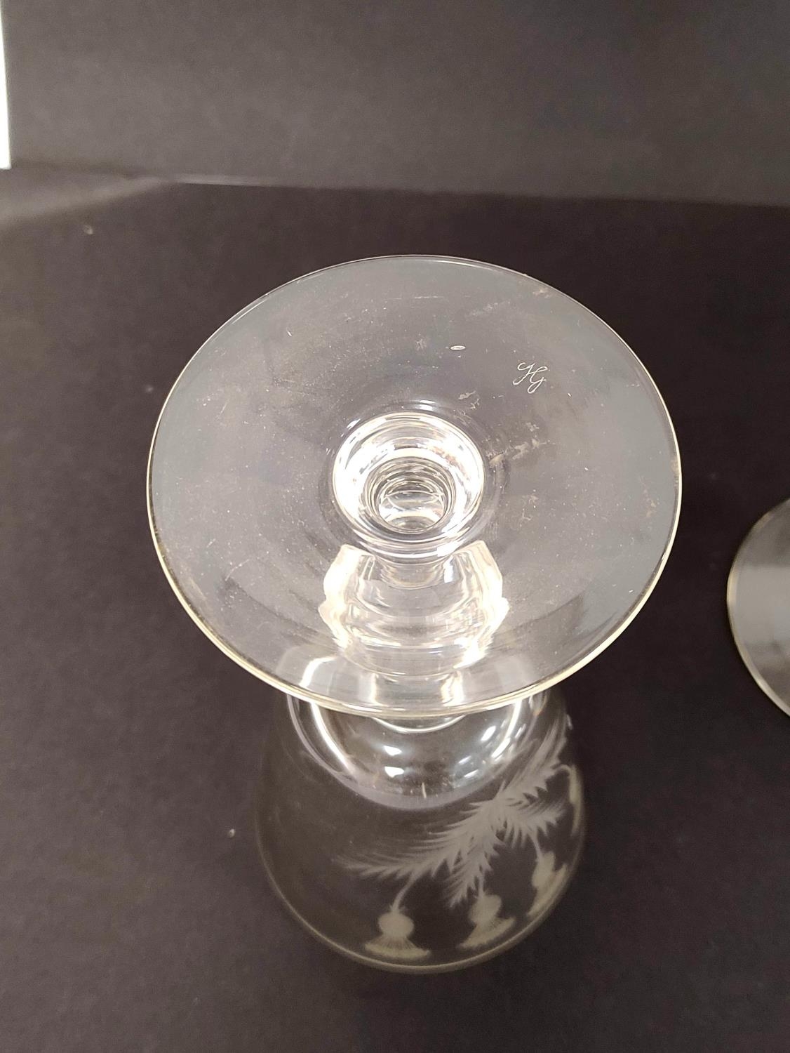 Pair of Georgian style glass rummers, with etched thistles to the bowl, on knopped stem and - Image 3 of 4