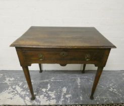 18th century joined oak side table, with single drawer with later split pin brass handles and