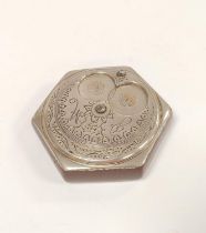 Antique white metal pocket snuff box, the engraved hexagonal revolving top in the form of an owl,