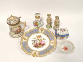 Pair of Derby style standing putti, Naples tankard with cover, Limoges patch box, Herend of